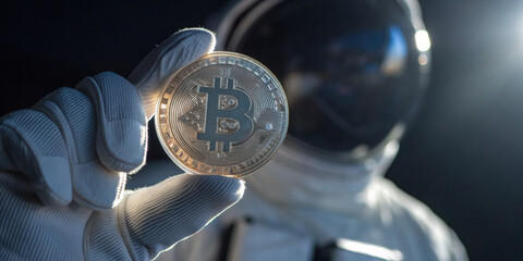 Hopeful astronaut holding bitcoin cryptocurrency coin in outer space. new frontier for future financial technology and symbol of growth for digital economy