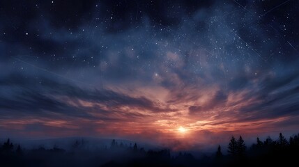 Fototapeta premium A dramatic twilight sky with stars and constellations over a misty silhouetted forest as the sun sets