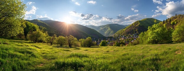 A panoramic view of a valley at sunset with hills, a town, and grassy field