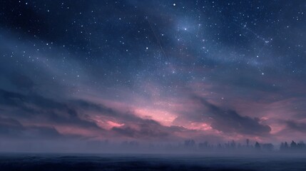 A majestic celestial night sky filled with countless stars vibrant twilight clouds and a serene misty horizon over a darkened landscape