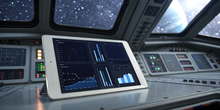 Futuristic spaceship cockpit with tablet showing financial data for interstellar economy growth. high tech scene representing progress and investment for outer space travel