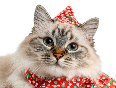 Fluffy cat wears red polka dot party hat and scarf, isolated on transparent cutout background