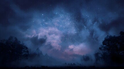 A mysterious cosmic network overlays a misty night sky above silhouetted trees and landscape