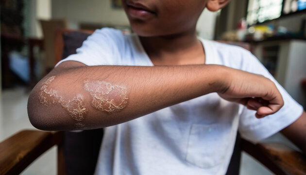 A young boy's arm with a visible skin condition, showcasing dry, scaly patches of psoriasis or eczema on the elbow