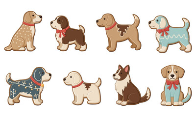 Fototapeta premium Vector set of Christmas cookies shaped like different dog breeds with colorful icing decorations in flat pastel style on a white background