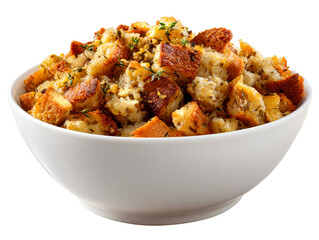 Bowl of seasoned bread stuffing with herbs, isolated on transparent cutout background