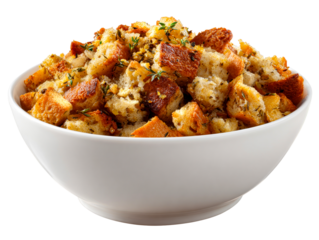 Bowl of seasoned bread stuffing with herbs, isolated on transparent cutout background