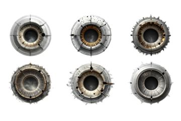 Set of six bullet holes showing metal damage on transparent background
