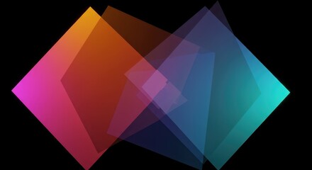Overlapping translucent geometric shapes display vivid color gradients against a dark background