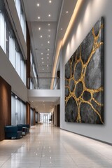 Long modern hallway with large abstract art piece on wall, featuring natural light