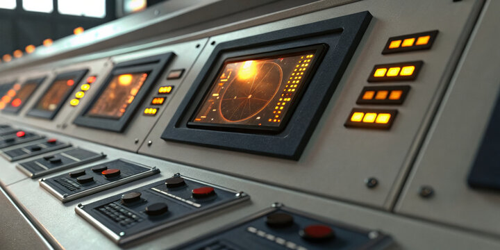 Control panel in science fiction spaceship control room showing data on screen. This serious technology drives growth and future of complex space economy