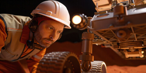 Focused engineer inspects rover on Mars driving future space exploration economy and technology growth. His serious expression shows determination for mission