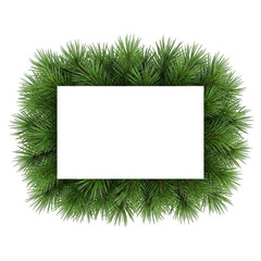Green pine needle wreath surrounding a white rectangular blank space