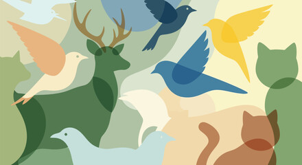 Abstract Wildlife Composition with Overlapping Translucent Animal Silhouettes