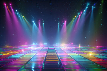 Futuristic nightclub scene with illuminated rainbow grid for event design
