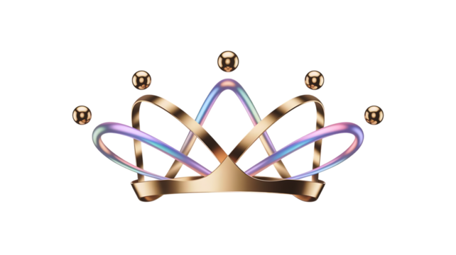 A stylized, iridescent crown with golden spheres on a white background.