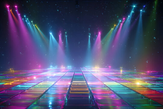 Futuristic nightclub scene with illuminated rainbow grid for event design