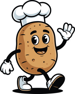 A cheerful potato cartoon character is walking and waving while wearing a chef hat