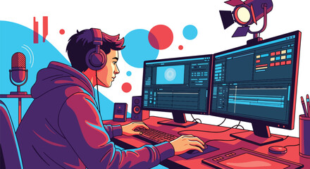 A skilled vector illustration showcasing a man film editor editing video content in a professional studio, ideal for creative themes	