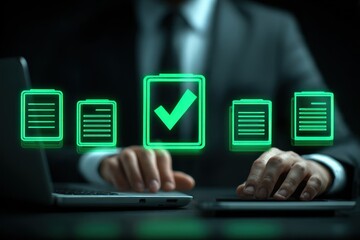 A person using a laptop with glowing documents, one checked