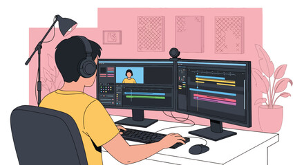 A skilled vector illustration showcasing a man film editor editing video content in a professional studio, ideal for creative themes	