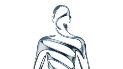 Abstract representation of a human figure, formed by flowing, metallic, and reflective lines against a white background.
