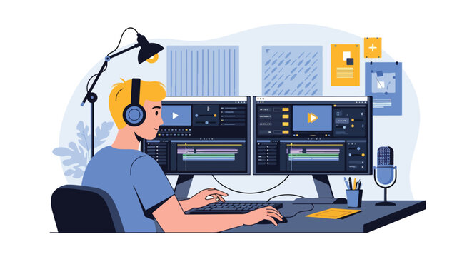 A skilled vector illustration showcasing a man film editor editing video content in a professional studio, ideal for creative themes	