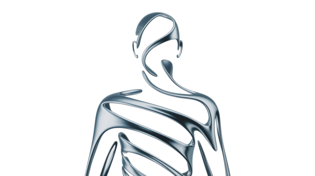Abstract representation of a human figure, formed by flowing, metallic, and reflective lines against a white background.