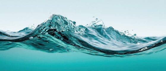 Turquoise water in motion, forming a dynamic wave. Light blue sky above