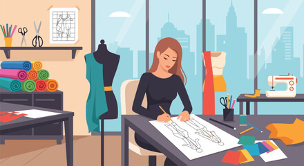 Flat vector fashion designer sketching clothing with mannequin and fabric rolls nearby. Creative studio workspace