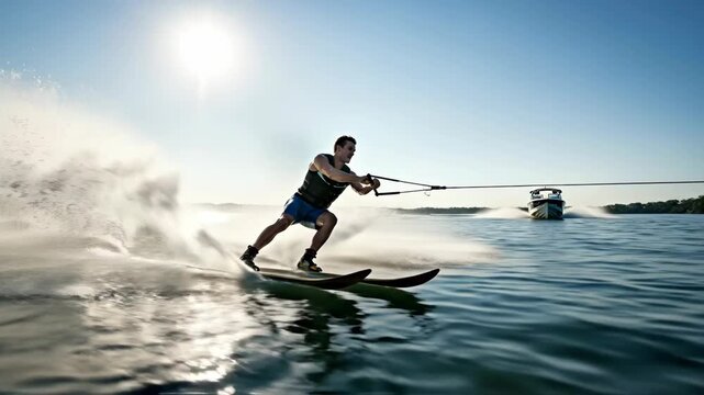Dynamic waterskiing adventure: capturing thrilling speed and motion in perfect sunshine