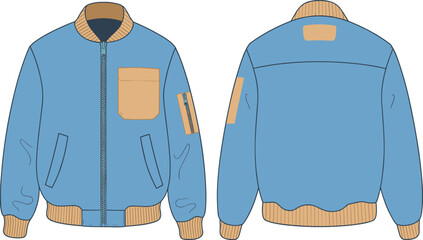 Bomber jacket front and back view, fashion flat sketch, apparel design vector, stylish outerwear illustration, garment detail drawing, cad drawing flat vector illustration