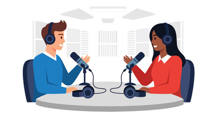 Flat vector podcaster recording audio with microphone and headphones in cozy sound room