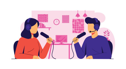 Flat vector podcaster recording audio with microphone and headphones in cozy sound room