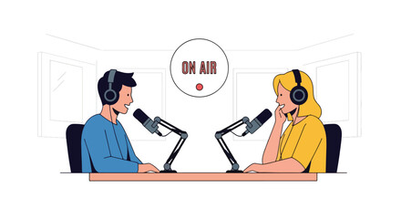 Flat vector podcaster recording audio with microphone and headphones in cozy sound room