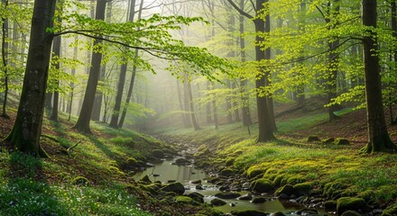 Enchanting spring forest scene with vibrant green leaves and a gentle stream creating a peaceful nature escape for wellness and outdoor adventure seekers
