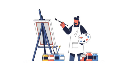 Flat vector illustrator painting on canvas with jars of paint beside. Artistic studio mood with solid shapes