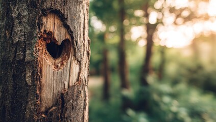 Close-up of a tree trunk with a heart-shaped hole, forest background blurred