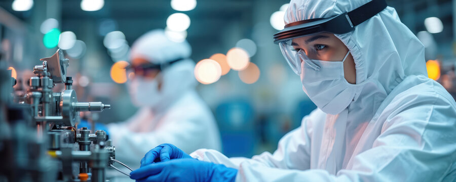 Specialists in protective suits work at automated mask production factory. Workers control machinery during anti virus face mask manufacture. Medical professionals at industrial facility with tech. - Powered by Adobe