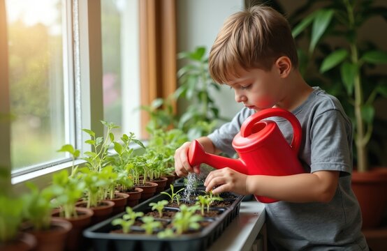 Young boy waters seedlings inside. He uses red watering can near window. Child enjoys gardening hobby. Concept of learning caring for plants. Healthy plants on windowsill. Gardening at home