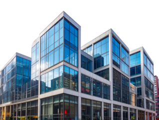 Modern office buildings with transparent background reflecting corporate success