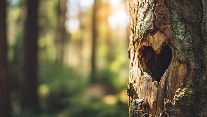 A close-up of a tree with a heart-shaped hole in a blurred, sun-dappled forest