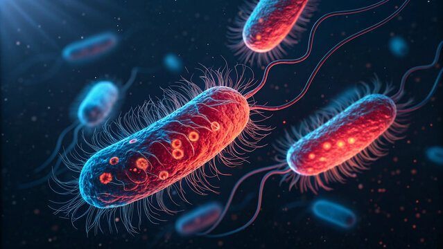 Microscopic view of bacteria cells with flagella and glowing red and blue colors on a dark background