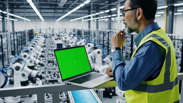 Engineer reviewing automated production line using laptop with green screen, Supervisor inspecting a robotics manufacturing line on a computer