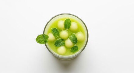 A refreshing green smoothie or juice, topped with small melon balls and fresh mint leaves, presented in a clear glass against a clean white background, perfect for a healthy beverage