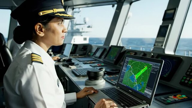 Female ship captain reviewing radar data on a laptop at the helm of a vessel, Modern maritime navigation: Captain navigating a ship with advanced technology