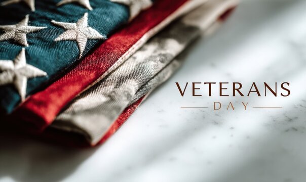 An American flag is partially folded showing stars and stripes with 'Veterans Day' text beside it. Veterans day holiday background
