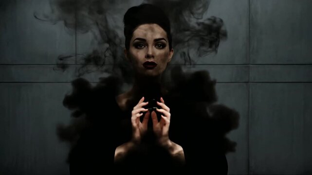 Vampire Esmeray Dissolving into Black Smoke by the Wall