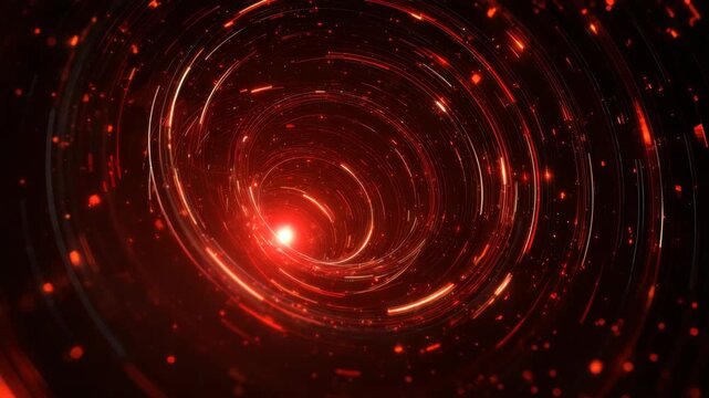 Red cosmic vortex with glowing particles in circular motion