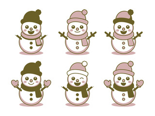 A collection of six cute snowmen illustrations with hats and scarves.